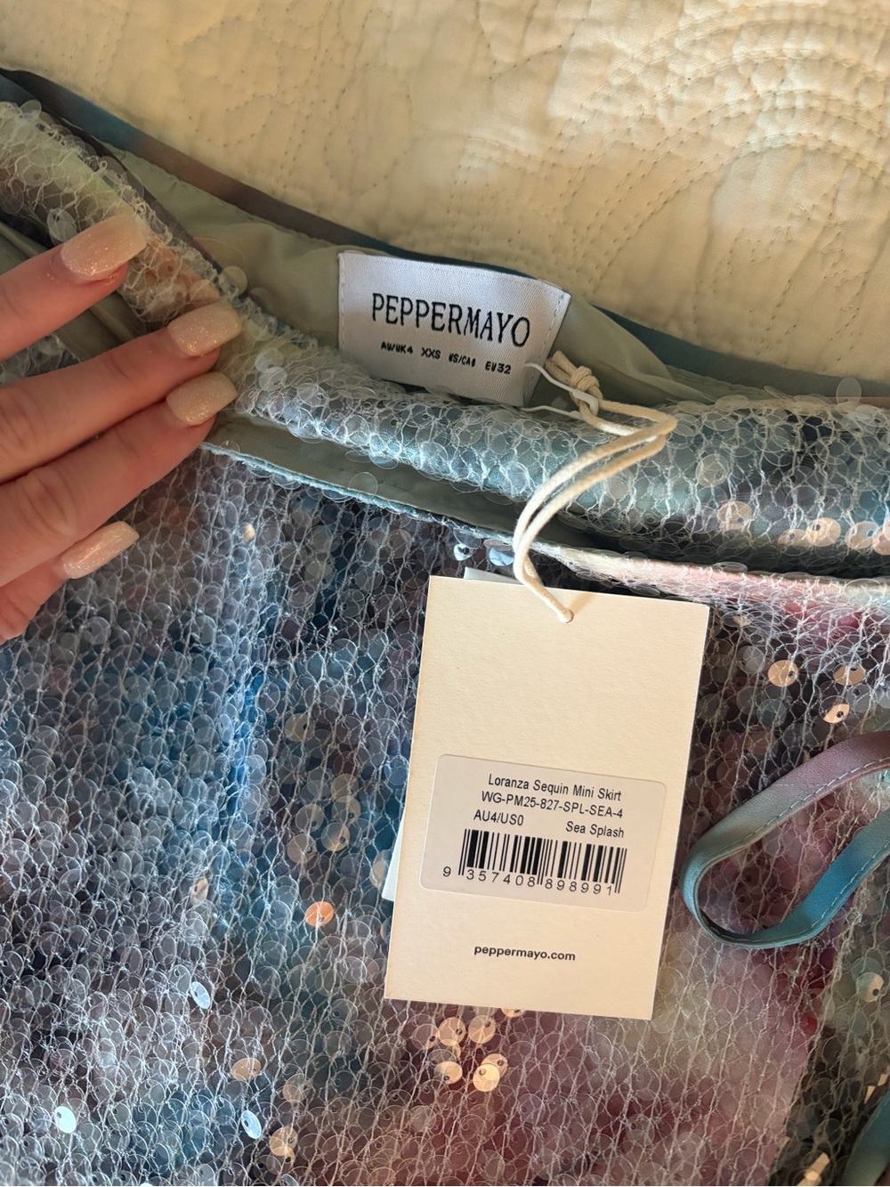 Peppermayo Sea Splash Sequin Mini Skirt in Light Blue and Iridescent - Picture 3 of 7